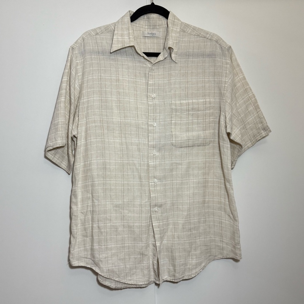 TURNBURY 100%linen Men's Beige Plaid button down contemporary casual Shirt M